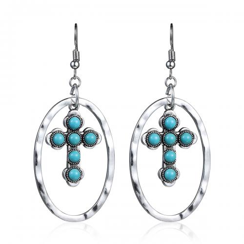 alliage de zinc Boucle d'oreille goutte, avec turquoise, croix, Plaqué de couleur d'argent, pour femme & creux, 30x60mm, Vendu par paire