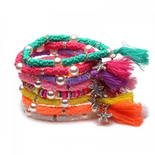 Bijoux bracelets de mode, argile de polymère, avec Cordon de noeud & perle de plastique & alliage de zinc, étoile de mer, Placage de couleur argentée, bijoux de mode & pour femme & avec strass, plus de couleurs à choisir, Longueur Environ 18 cm, Vendu par PC