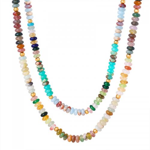 Collier d'acier titane, avec oeil de tigre & Agate, avec 2.57inch chaînes de rallonge, Plaqué or 18K, bijoux de mode & pour femme, plus de couleurs à choisir, protéger l'environnement, sans nickel, plomb et cadmium, Longueur Environ 14.96 pouce, Vendu par PC