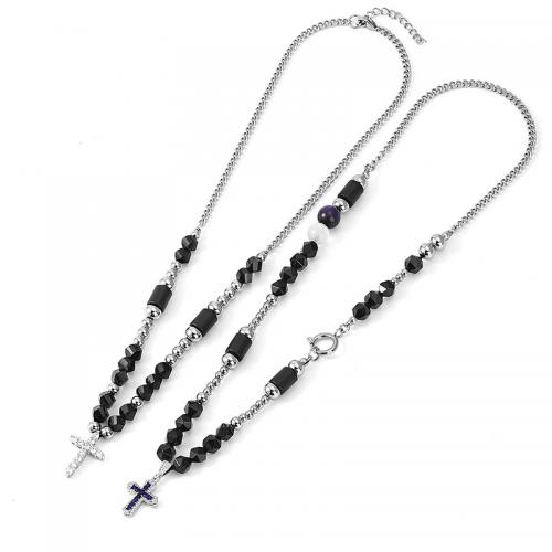 Collier d'acier titane, avec agate noire, croix, unisexe & styles différents pour le choix & avec strass, plus de couleurs à choisir, Longueur 55 cm, Vendu par PC