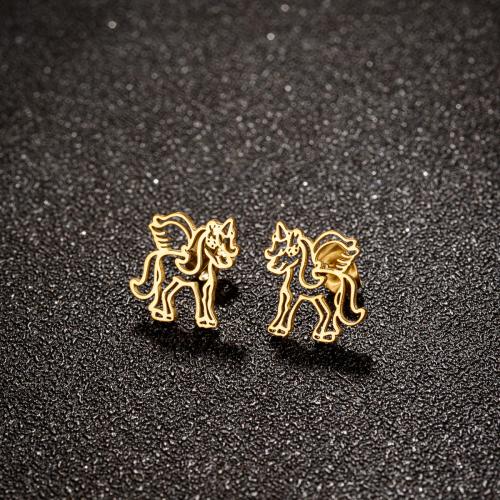 Rostfritt stål Stud Örhängen, 304 rostfritt stål, Unicorn, plated, för kvinna, fler färger för val, 11x13mm, 12PC/Lot, Säljs av Lot