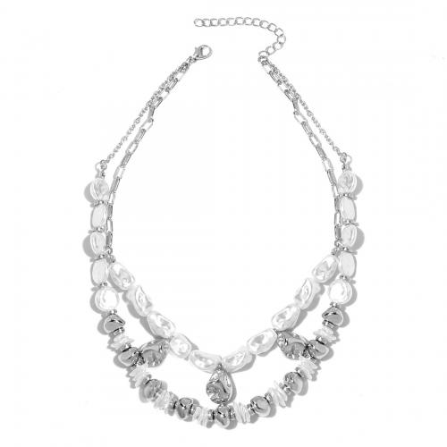 Collar de Aleación de Zinc, con Perlas plásticas, con 7cm extender cadena, chapado, Doble capa & Joyería & para mujer, Blanco, libre de níquel, plomo & cadmio, longitud aproximado 42 cm, Vendido por UD