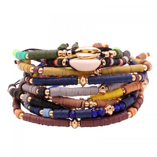 Bijoux bracelets de mode, argile de polymère, avec Cordon de noeud & coquille & alliage de zinc, Placage de couleur d'or, Réglable & bijoux de mode & unisexe & styles différents pour le choix, plus de couleurs à choisir, Longueur Environ 14-28 cm, Vendu par PC