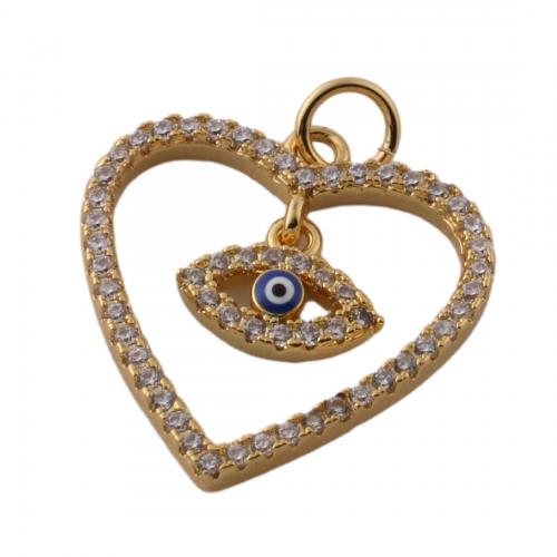 Evil Eye Pendler, Messing, Heart, mode smykker & Unisex & Micro Pave cubic zirconia, gylden, nikkel, bly & cadmium fri, 20x19mm, Hole:Ca. 3.5mm, Solgt af PC