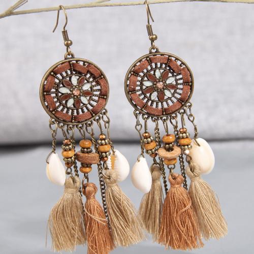 Zinc Alloy Tassel Earring, met Textiel binnenwerk Cord & Schelp, Geometrisch Patroon, plated, Bohemien stijl & voor vrouw & hol, 25x105mm, Verkocht door pair