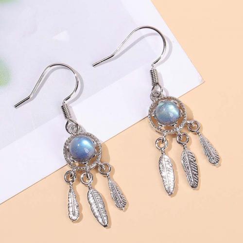 Gemstone Earrings, Selenita, with cobre, Apanhador de Sonhos, cromado de cor prateada, joias de moda & para mulher, cinza, 40mm, vendido por par