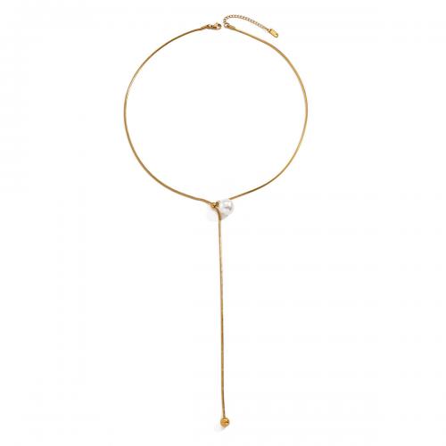 Maglia collana, Titantium acciaio, with perla in plastica, with 5cm extender chain, Placcato oro 18K, gioielli di moda & per la donna, dorato, Venduto per Appross. 44 cm filo