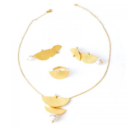 Set di gioielli , anello dito & orecchino & Collana, Titantium acciaio, with perla in plastica, with 5cm extender chain, tre pezzi & gioielli di moda & per la donna, dorato, Lunghezza Appross. 43 cm, Venduto da set