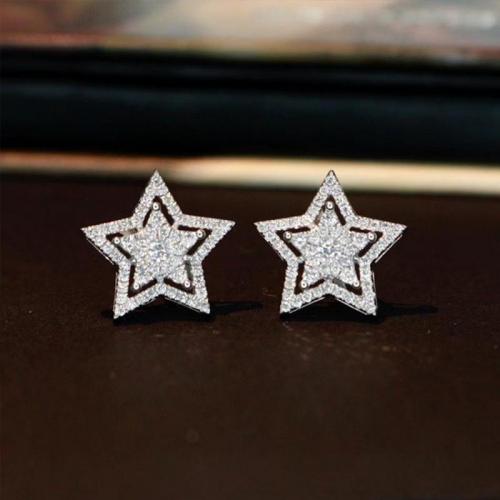 Messing Stud Earring, Stjerne, platineret, for kvinde & med rhinestone & hule, 20x20mm, Solgt af par