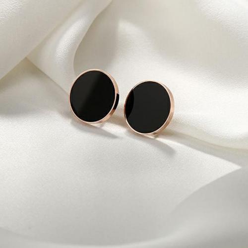 Titanium Steel  Earring with Black Shell Flat Round Vacuum Ion Plating fashion jewelry & for woman black nickel lead & cadmium free 12mm Sold By Pair