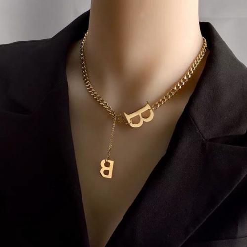 Collar de Acero Titanio, Partículas de acero, con 8cm extender cadena, Letra B, Joyería & para mujer, dorado, libre de níquel, plomo & cadmio, longitud aproximado 40 cm, Vendido por UD