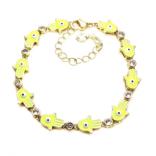 Bracelet Evil Eye bijoux, laiton, avec 7CM chaînes de rallonge, losange, Placage de couleur d'or, pavé de micro zircon & émail, plus de couleurs à choisir, protéger l'environnement, sans nickel, plomb et cadmium, Longueur Environ 19 cm, Vendu par PC