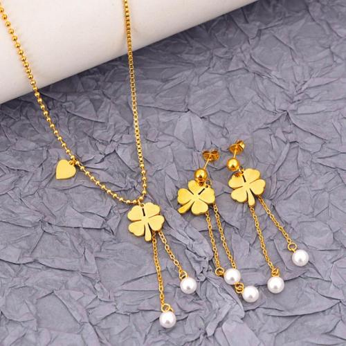 Sets de Joyas, Partículas de acero, con Perlas plásticas, con 6cm extender cadena, Joyería & diferentes estilos para la opción & para mujer, dorado, earring 60mm, longitud aproximado 40 cm, Vendido por UD