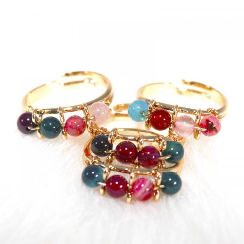 Agaat Finger Ring, met Messing, Ronde, gold plated, mode sieraden & uniseks, gemengde kleuren, inner diameter:17~20mm, Verkocht door PC