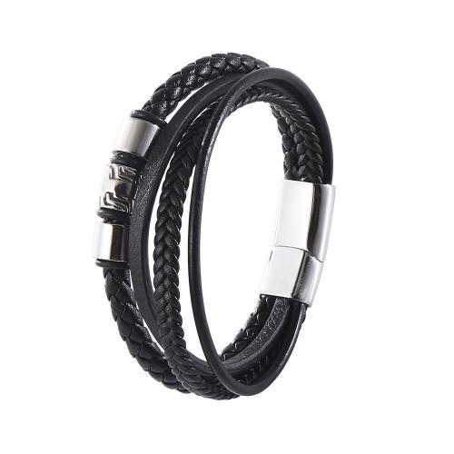 Bracelets cordon PU, cuir PU, avec Acier inoxydable 304, Vintage & longueur différente pour le choix & pour homme, noire, Vendu par PC