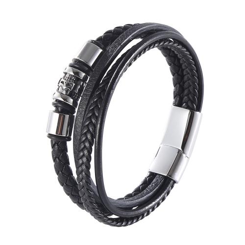 PU Leather Cord Bracelets with 304 Stainless Steel vintage & for man black Sold By PC