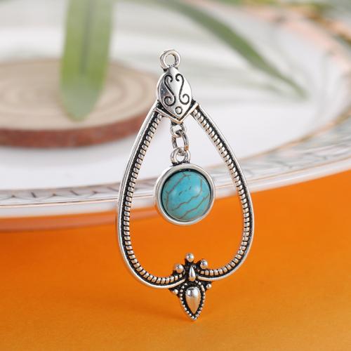 Pendentifs en alliage de zinc, avec turquoise, larme, Placage, DIY, argent, protéger l'environnement, sans nickel, plomb et cadmium, 30x55mm, Vendu par PC