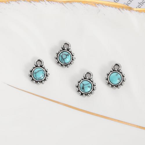 Pendentifs fleurs en alliage de zinc, avec turquoise, Placage, DIY, argent, protéger l'environnement, sans nickel, plomb et cadmium, 10x7mm, 100PC/sac, Vendu par sac