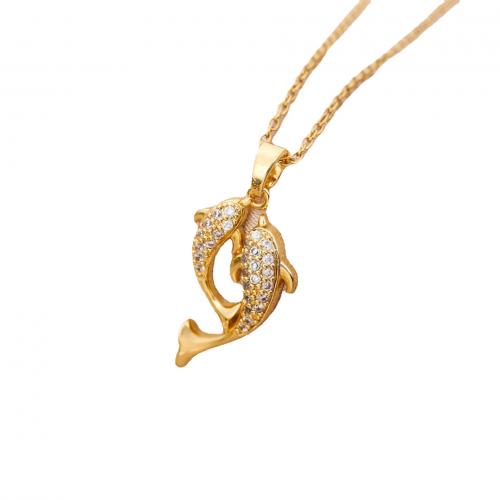 Acier titane collier, poisson, Placage de couleur d'or, chaîne ovale & pavé de micro zircon & pour femme, Longueur Environ 17.7 pouce, Vendu par PC