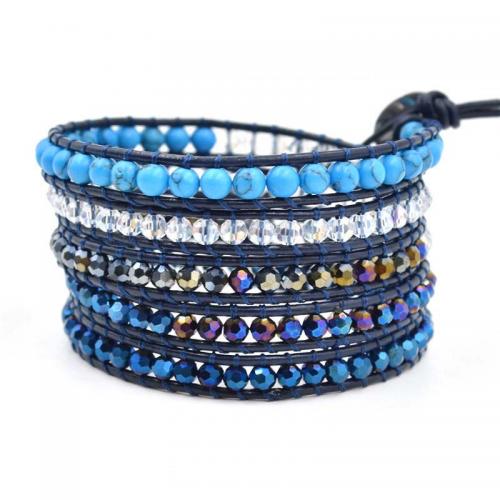 Pulseras de piedras preciosas, acero inoxidable 304, con Azul sintético turquesa & cordón de cuero & Cristal, Esférico, Ajustable & Joyería & multicapa & unisexo, color mixto, 4mm, longitud aproximado 95 cm, Vendido por UD