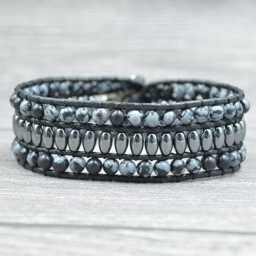 Edelstein Armbänder, Schneeflocke Obsidian, mit Wachsschnur & Hämatit & Zinklegierung, rund, silberfarben plattiert, Modeschmuck & unisex, gemischte Farben, 4mm, Länge ca. 20 cm, verkauft von PC