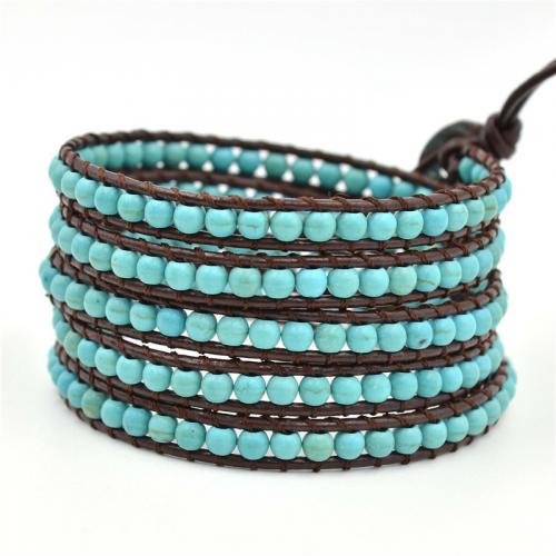 Pulsera de Turquesa, Turquesa sintético, con cordón de cuero & acero inoxidable 304, Esférico, Ajustable & Joyería & multicapa & unisexo, azul, 4mm, longitud aproximado 95 cm, Vendido por UD