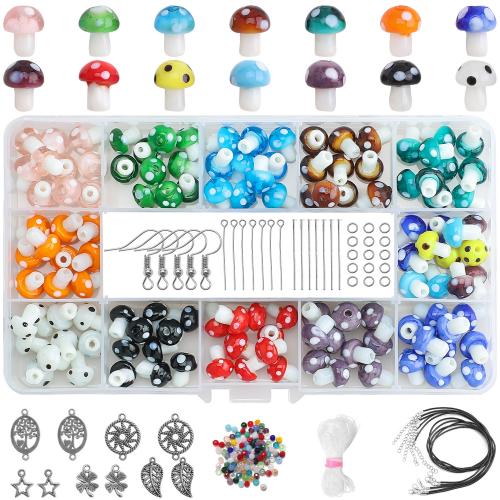 Fashion Glazen kralen, Glas, met Plastic Box & Zinc Alloy, paddestoel, DIY & 15 cellen, gemengde kleuren, 10x13mm, Gat:Ca 2mm, Ca 120pC's/box, Verkocht door box