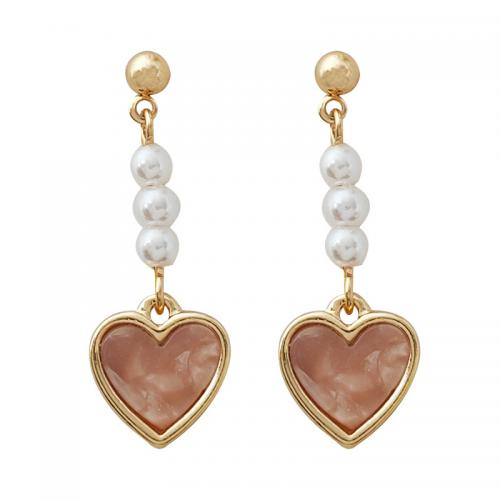 Zinc Alloy Øreringe, med Resin & Plastic Pearl & Jern, Heart, forgyldt, for kvinde, gylden, 34x12mm, Solgt af par