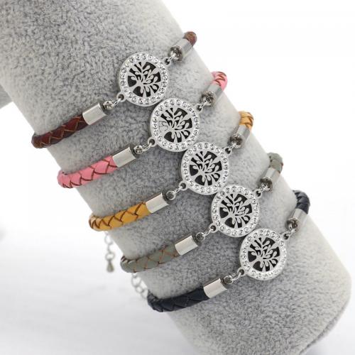 Koeienhuid Armband, met Titanium Staal, met 2.6inch extender keten, Tree of Life, handgemaakt, punk stijl & uniseks & met strass & hol, meer kleuren voor de keuze, Lengte Ca 6.5 inch, Verkocht door PC