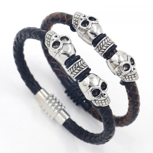 cuir de peau de vache bracelet, avec alliage de zinc, crane, le style de punk & unisexe, plus de couleurs à choisir, Longueur Environ 8.3 pouce, Vendu par PC