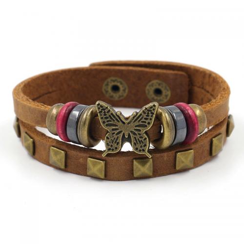 alliage de zinc bracelet, avec cuir de peau de vache, papillon, multicouche & with rivet stud & unisexe, brun, 220x14mm, Vendu par PC