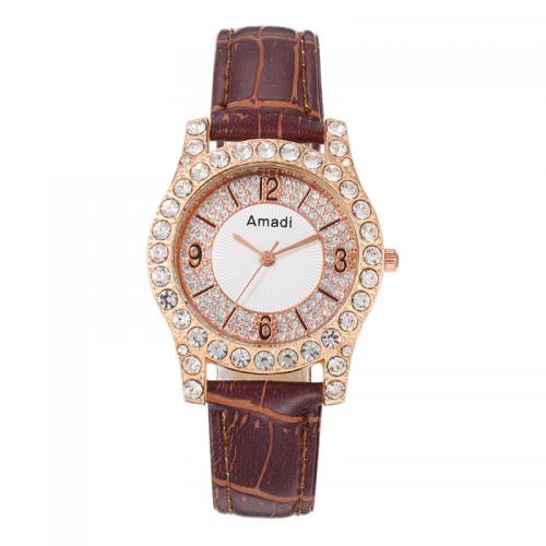 alliage de zinc bracelet de montre, avec cuir PU & verre, Rond, Placage, mouvement chinoise & styles différents pour le choix & pour femme & avec strass, 200x34mm, Vendu par PC