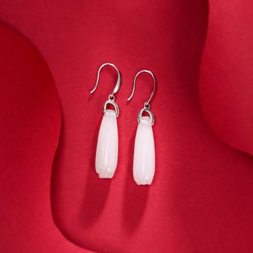 925 Boucles d’oreilles Sterling Silver Drop & Dangle, Argent sterling 925, avec blanc calcédoine, fleur, bijoux de mode & pour femme, protéger l'environnement, sans nickel, plomb et cadmium, 8x45mm, Vendu par paire