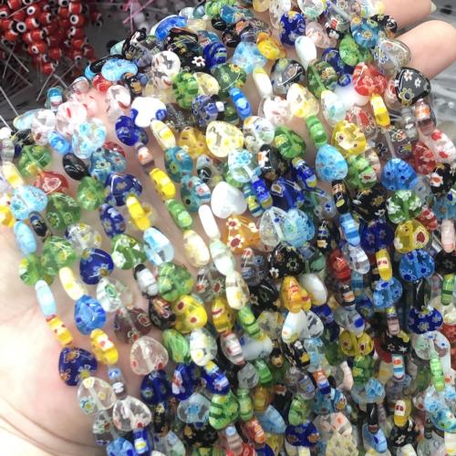 Handgemaakte Lampwork Beads, Hart, DIY & verschillende grootte voor keus, gemengde kleuren, Per verkocht Ca 38 cm Strand