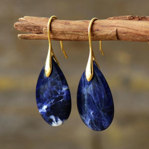 Natural Stone Drop Earring with Brass Teardrop plated Bohemian style & for woman Sold By Pair