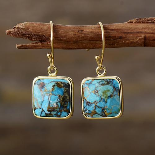 Natuurlijke Turquoise Drop Earring, met Messing, Plein, gold plated, Bohemien stijl & voor vrouw, 15x35mm, Verkocht door pair