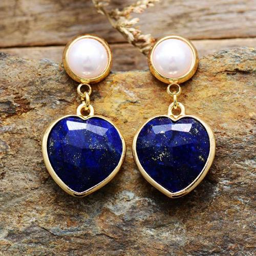 Edelsteen Drop Earring, met Plastic Pearl & Messing, Hart, gold plated, mode sieraden & verschillende materialen voor de keuze & voor vrouw, 15x30mm, Verkocht door pair