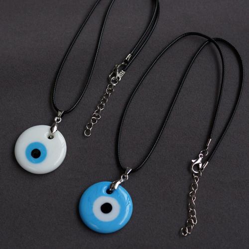 Evil Eye Schmuck Halskette, Lampwork, mit Wachsschnur & Weiße Porzellan, mit Verlängerungskettchen von 5CM, rund, plattiert, böser Blick- Muster & für Frau, keine, 30mm, Länge 30 cm, verkauft von PC