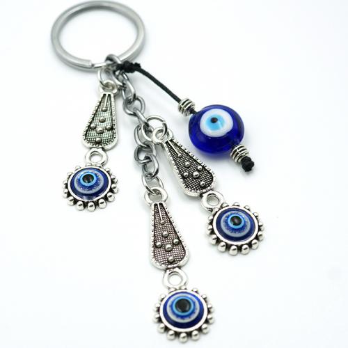 Key Chain, Glas, med Zinc Alloy, Runde, sølvfarvet forgyldt, mode smykker & onde øje mønster, blå, 120mm, Solgt af PC