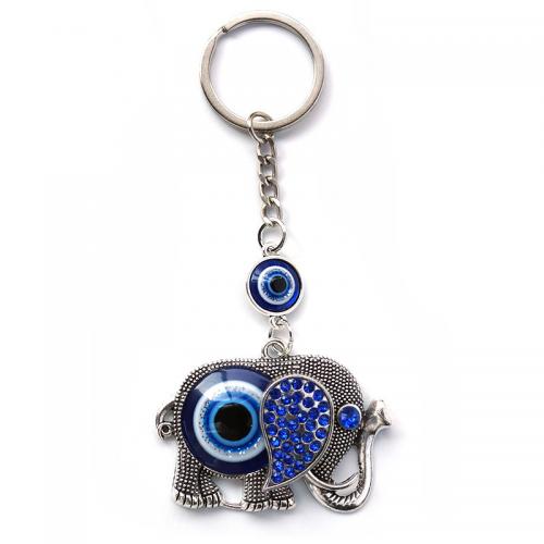 Key Chain, Zinc Alloy, Elephant, sølvfarvet forgyldt, til hjemmet og kontoret & onde øje mønster & forskellige stilarter for valg & med rhinestone, blå, Solgt af PC