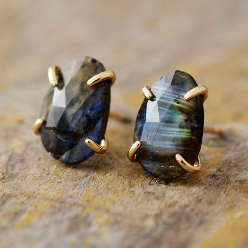 Labradorite Stud Earring, met Messing, Ovaal, gold plated, Bohemien stijl & voor vrouw, 10x20mm, Verkocht door pair