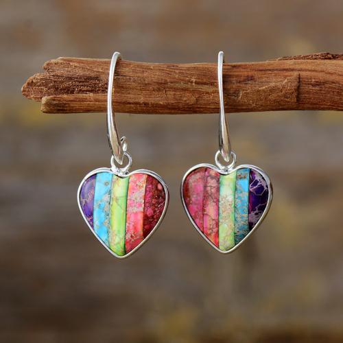 Jaspe Impresión Pendientes con Colgantes, con metal, Corazón, chapado en color de platina, Estilo bohemio & para mujer, más colores para la opción, 8x18mm, Vendido por Par