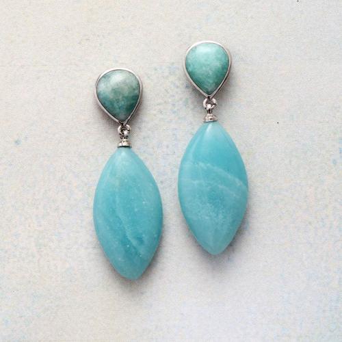 Amazonite Boucle d'oreille goutte, avec laiton, larme, Placage de couleur platine, Style bohème & pour femme, 25x50mm, Vendu par paire