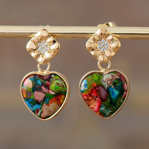 Jaspe Impresión Pendientes con Colgantes, con metal, Corazón, chapado en color dorado, Estilo bohemio & micro arcilla de zirconia cúbica & para mujer, más colores para la opción, 15x30mm, Vendido por Par