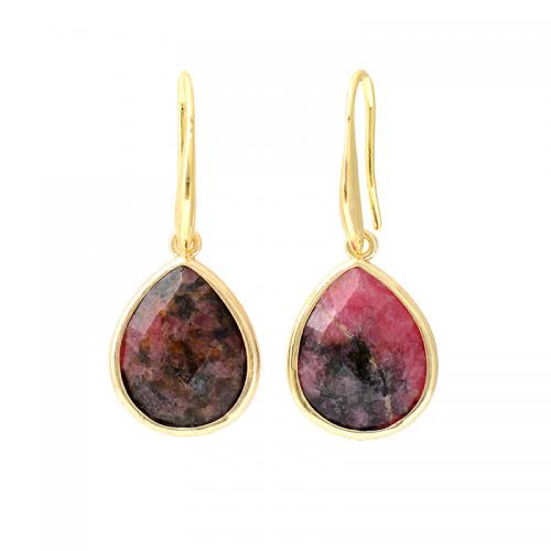 Rhodonite Drop Earring, met Messing, Traan, gold plated, Bohemien stijl & voor vrouw, 15x40mm, Verkocht door pair