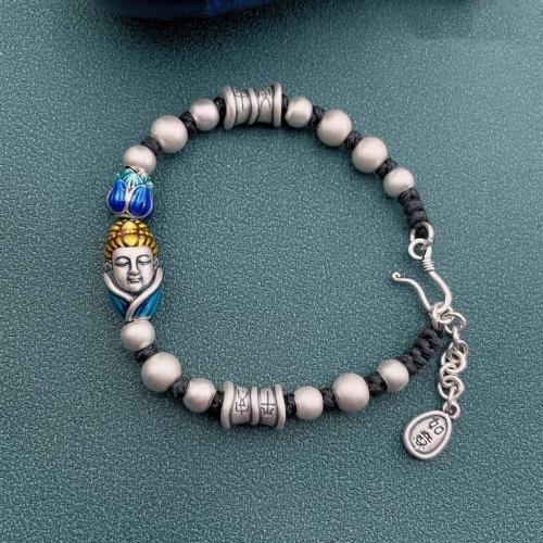 Prás Bracelet, Buddha, dath airgid plated, seanré & Glaze Cruan Lámhphéinteáilte & unisex, Fad Thart 7 Inse, Díolta De réir PC