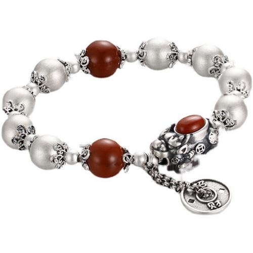 ottone braccialetto, with Yunnan Red Agate, Favolosa bestia selvaggia, placcato color argento, Vintage & unisex, Lunghezza Appross. 7 pollice, Venduto da PC