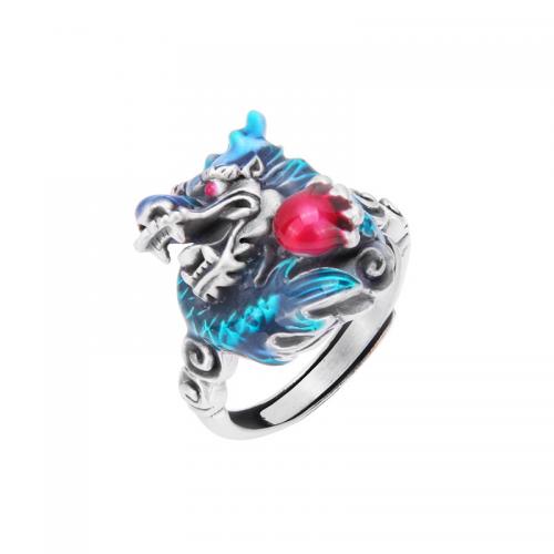 Bague en laiton, dragon, Placage de couleur argentée, Glaçure en émail peinte à la main & réglable & pour homme, Taille:7-10, Vendu par PC