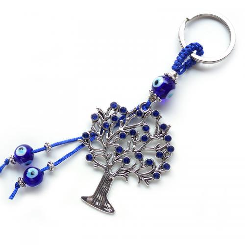 Key Chain, Glas, med Nylonsnor & Zinc Alloy, Tree, sølvfarvet forgyldt, mode smykker & onde øje mønster & med rhinestone, blå, 150mm, Solgt af PC