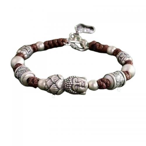 Messing Armband, mit Terylen Schnur, Buddha, silberfarben plattiert, Vintage & unisex, Länge ca. 7 ZollInch, verkauft von PC